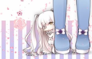 Rating: Safe Score: 0 Tags: 1girl bow dress frills hair_ornament image kirakishou long_hair long_sleeves petals solo striped striped_background stuffed_animal two_side_up vertical_stripes very_long_hair white_hair yellow_eyes User: admin