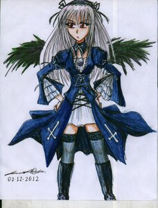 Rating: Safe Score: 0 Tags: 1girl boots dress hairband image long_hair long_sleeves looking_at_viewer marker_(medium) rose silver_hair solo standing suigintou thighhighs traditional_media wings User: admin