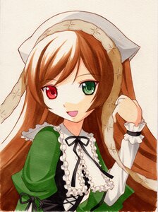 Rating: Safe Score: 0 Tags: 1girl :d artist_request bangs brown_hair dress frills green_dress green_eyes head_scarf heterochromia image long_hair long_sleeves looking_at_viewer lowres open_mouth red_eyes ribbon rozen_maiden simple_background smile solo suiseiseki upper_body very_long_hair User: admin