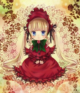 Rating: Safe Score: 0 Tags: 1girl blonde_hair blue_eyes blush bonnet bow bowtie dress drill_hair flower green_bow image long_hair long_sleeves looking_at_viewer red_dress rose shinku sitting solo twintails very_long_hair User: admin