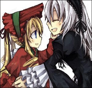 Rating: Safe Score: 0 Tags: 2girls :d blonde_hair bonnet dress frills hairband image long_hair long_sleeves looking_at_another multiple_girls open_mouth pair shinku silver_hair smile suigintou white_background User: admin