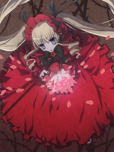 Rating: Safe Score: 0 Tags: 1girl blonde_hair blue_eyes bow dress flower frills image long_hair long_sleeves petals red_dress rose rose_petals shinku shoes solo twintails User: admin