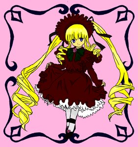 Rating: Safe Score: 0 Tags: 1girl blonde_hair blue_eyes bonnet bow bowtie dress drill_hair flower frills full_body image long_hair long_sleeves looking_at_viewer pink_background pink_rose red_dress rose shinku shoes solo standing twin_drills twintails very_long_hair User: admin