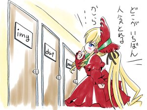 Rating: Safe Score: 0 Tags: 1girl blonde_hair blue_eyes bonnet dress image long_hair long_sleeves red_dress ribbon shinku solo very_long_hair User: admin