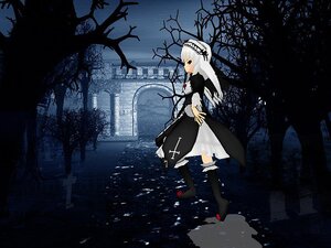 Rating: Safe Score: 0 Tags: 1girl boots dress frills hairband image long_hair long_sleeves looking_at_viewer night outdoors red_eyes solo standing suigintou tree User: admin