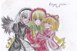 Rating: Safe Score: 0 Tags: 3girls blonde_hair blue_eyes blush bow closed_eyes dress drill_hair hug image long_hair long_sleeves looking_at_viewer multiple multiple_girls red_dress shinku silver_hair smile suigintou tagme tears traditional_media twin_drills wings User: admin