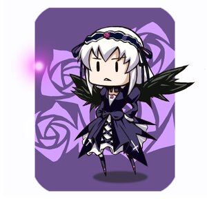 Rating: Safe Score: 0 Tags: 1girl black_wings chibi dress frills full_body hairband image juliet_sleeves long_hair long_sleeves silver_hair solo standing suigintou wings User: admin