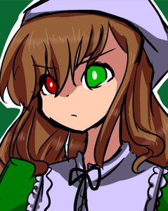 Rating: Safe Score: 0 Tags: 1girl :< brown_hair dress face frills green_background green_eyes hat image long_hair looking_at_viewer red_eyes solo suiseiseki User: admin