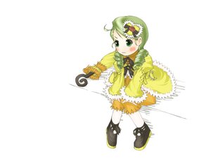 Rating: Safe Score: 0 Tags: 1girl blush dress drill_hair full_body green_eyes green_hair hair_ornament image kanaria long_sleeves solo standing white_background User: admin