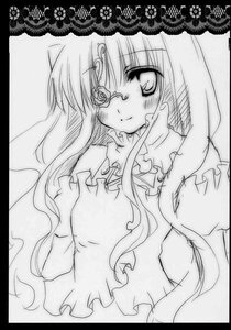 Rating: Safe Score: 0 Tags: 1girl black_border blush border circle_cut dress greyscale image kirakishou letterboxed long_hair long_sleeves looking_at_viewer monochrome puffy_sleeves simple_background smile solo upper_body User: admin