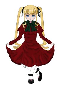 Rating: Safe Score: 0 Tags: 1girl blonde_hair blue_eyes bow bowtie capelet dress full_body image long_hair long_sleeves looking_at_viewer pantyhose red_dress shinku shoes simple_background solo twintails white_legwear User: admin