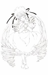 Rating: Safe Score: 0 Tags: 1girl bow closed_eyes dress drill_hair full_body greyscale image long_hair long_sleeves monochrome own_hands_together shinku simple_background solo twin_drills very_long_hair white_background User: admin