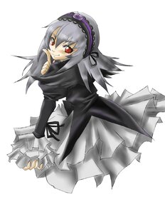 Rating: Safe Score: 0 Tags: 1girl black_dress dress flower frilled_sleeves frills hairband image index_finger_raised long_hair long_sleeves looking_at_viewer looking_back red_eyes rose silver_hair smile solo suigintou white_background wings User: admin