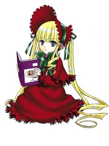 Rating: Safe Score: 0 Tags: 1girl blonde_hair blue_eyes bonnet book bow capelet cup dress full_body image long_hair long_sleeves looking_at_viewer red_dress shinku simple_background sitting solo twintails very_long_hair white_background User: admin
