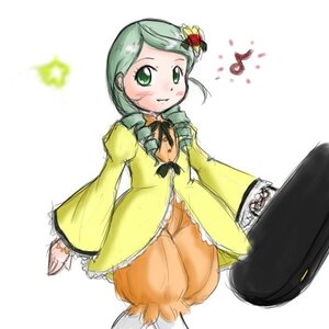 Rating: Safe Score: 0 Tags: 1girl blush eighth_note flower green_eyes green_hair image kanaria long_sleeves musical_note smile solo User: admin
