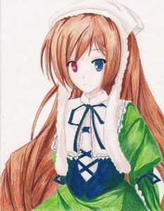 Rating: Safe Score: 0 Tags: 1girl black_ribbon blue_eyes brown_hair dress frills green_dress hat head_scarf heterochromia image long_hair long_sleeves looking_at_viewer neck_ribbon red_eyes ribbon simple_background solo suiseiseki traditional_media very_long_hair watercolor_(medium) white_background User: admin