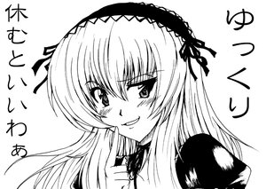 Rating: Safe Score: 0 Tags: 1girl blush greyscale hairband image long_hair looking_at_viewer monochrome simple_background smile solo suigintou upper_body white_background User: admin