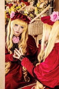 Rating: Safe Score: 0 Tags: 1girl blonde_hair blue_eyes dress flower lips long_hair long_sleeves looking_at_viewer pink_flower pink_rose red_dress red_rose rose shinku sitting solo User: admin