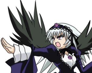 Rating: Safe Score: 0 Tags: 1girl black_wings dress flower frills hairband image long_hair long_sleeves open_mouth outstretched_arm silver_hair simple_background solo suigintou upper_body white_background wings User: admin