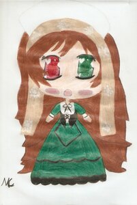 Rating: Safe Score: 0 Tags: 1girl brown_hair chibi dress green_dress green_eyes hat head_scarf heterochromia image long_hair open_mouth red_eyes solo standing suiseiseki very_long_hair User: admin