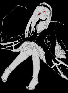 Rating: Safe Score: 0 Tags: 1girl barefoot choker doll_joints dress frilled_hairband frills full_body gothic_lolita greyscale grin hairband image joints lolita_hairband long_hair long_sleeves looking_at_viewer monochrome red_eyes sitting smile solo suigintou transparent_background wings User: admin