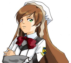 Rating: Safe Score: 0 Tags: 1girl bow bowtie brown_hair dress green_eyes head_scarf heterochromia image long_hair long_sleeves red_bow red_eyes simple_background solo suiseiseki upper_body white_background User: admin