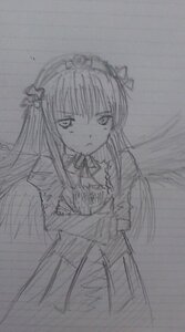 Rating: Safe Score: 0 Tags: 1girl dress hairband image lolita_hairband long_hair long_sleeves looking_at_viewer monochrome simple_background sketch solo suigintou traditional_media wings User: admin