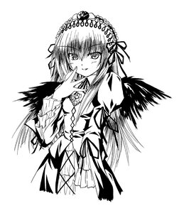 Rating: Safe Score: 0 Tags: 1girl blush dress frills greyscale hairband image lolita_hairband long_hair long_sleeves looking_at_viewer monochrome ribbon simple_background smile solo suigintou upper_body white_background wings User: admin