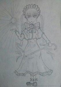 Rating: Safe Score: 0 Tags: 1girl bowtie dress full_body holding image long_hair long_sleeves looking_at_viewer monochrome shinku sketch solo standing traditional_media twintails User: admin