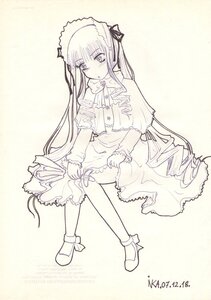 Rating: Safe Score: 0 Tags: 1girl dress frills full_body image long_hair long_sleeves looking_at_viewer monochrome ribbon shinku sitting solo twintails very_long_hair User: admin