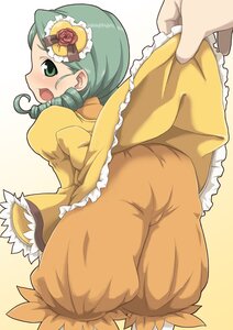Rating: Safe Score: 0 Tags: 1girl aka_(s3637) bent_over bloomers blush clothes_lift commentary_request dress dress_lift drill_hair green_eyes green_hair hair_ornament image kanaria long_hair long_sleeves looking_back open_mouth photoshop_(medium) rozen_maiden solo solo_focus underwear User: admin