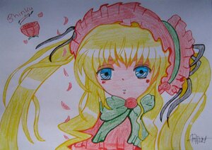 Rating: Safe Score: 0 Tags: 1girl blonde_hair blue_eyes bonnet bow bowtie flower image long_hair looking_at_viewer marker_(medium) petals pink_flower pink_rose red_flower red_rose rose rose_petals shinku signature simple_background solo traditional_media twintails watercolor_(medium) User: admin