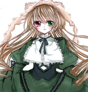 Rating: Safe Score: 0 Tags: 1girl black_ribbon blonde_hair capelet dress frills green_dress green_eyes hat heterochromia image long_hair long_sleeves looking_at_viewer red_eyes simple_background solo suiseiseki very_long_hair white_background User: admin