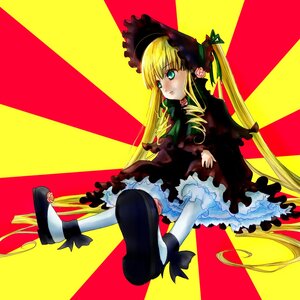 Rating: Safe Score: 0 Tags: 1girl blonde_hair blue_eyes bonnet bow dress drill_hair frills full_body image long_hair long_sleeves looking_at_viewer shinku sitting solo twintails very_long_hair white_legwear yellow_background User: admin