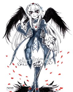 Rating: Safe Score: 0 Tags: 1girl black_wings dress feathers flower frills image limited_palette long_hair long_sleeves looking_at_viewer monochrome petals red_eyes rose_petals smile solo spot_color suigintou thighhighs wings User: admin