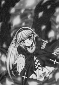 Rating: Safe Score: 0 Tags: 1girl blush cloud detached_collar dress frills greyscale hairband image long_hair long_sleeves looking_at_viewer monochrome outdoors ribbon sky solo suigintou very_long_hair wings User: admin