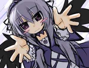 Rating: Safe Score: 0 Tags: 1girl black_wings dress frills hairband image long_hair looking_at_viewer outstretched_hand palms purple_eyes reaching ribbon smile solo suigintou wings User: admin