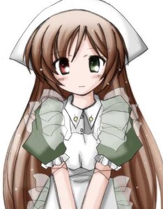 Rating: Safe Score: 0 Tags: 1girl apron artist_request bangs blush brown_hair dress elbow_gloves eyebrows_visible_through_hair frills gloves green_dress green_eyes hat head_scarf heterochromia image long_hair looking_at_viewer photoshop_(medium) red_eyes rozen_maiden short_sleeves simple_background smile solo suiseiseki very_long_hair white_background User: admin