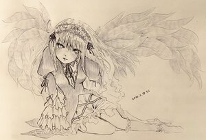 Rating: Safe Score: 0 Tags: 1girl dress feathered_wings flower frills image long_hair long_sleeves looking_at_viewer monochrome ribbon solo suigintou traditional_media wings User: admin