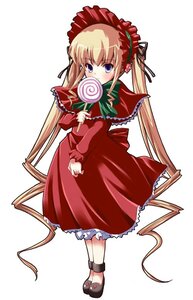 Rating: Safe Score: 0 Tags: 1girl blonde_hair blue_eyes bonnet bow bowtie candy dress food full_body image lollipop long_hair long_sleeves red_dress shinku shoes simple_background solo standing swirl_lollipop twintails very_long_hair white_background User: admin