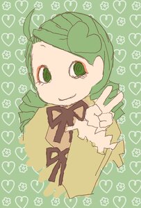 Rating: Safe Score: 0 Tags: 1girl drill_hair green_background green_eyes green_hair heart heart_background image kanaria long_sleeves looking_at_viewer smile solo v User: admin