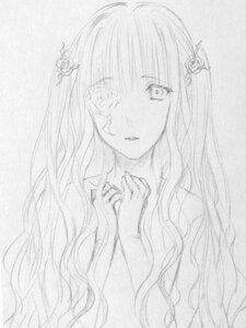 Rating: Safe Score: 0 Tags: 1girl bangs flower greyscale hair_flower hair_ornament hand_on_own_chest hands_on_own_chest image kirakishou long_hair looking_at_viewer monochrome parted_lips solo traditional_media upper_body wavy_hair User: admin