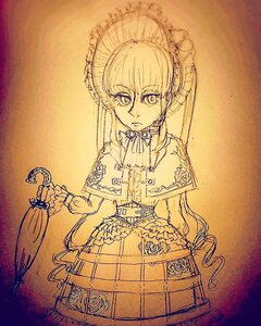 Rating: Safe Score: 0 Tags: 1girl bonnet closed_mouth dress frills image lolita_fashion long_hair long_sleeves looking_at_viewer monochrome shinku solo traditional_media User: admin