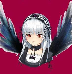 Rating: Safe Score: 0 Tags: 1girl black_wings blush detached_collar dress feathered_wings feathers flower frills hairband image long_hair looking_at_viewer red_background ribbon rose silver_hair simple_background solo suigintou upper_body wings User: admin