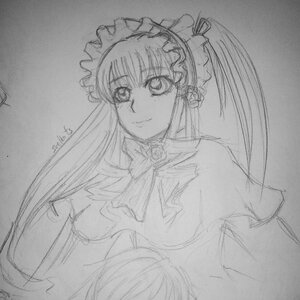 Rating: Safe Score: 0 Tags: 1girl dress flower frills greyscale image long_hair long_sleeves looking_at_viewer monochrome rose shinku sketch smile solo suigintou traditional_media upper_body User: admin