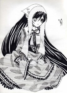 Rating: Safe Score: 0 Tags: 1girl dress frills full_body greyscale image long_hair long_sleeves looking_at_viewer monochrome ribbon solo standing suiseiseki very_long_hair User: admin