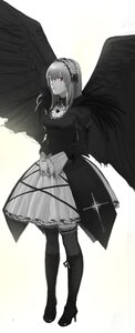 Rating: Safe Score: 0 Tags: 1girl bangs black_footwear black_wings boots closed_mouth dress feathered_wings full_body hairband image knee_boots long_hair long_sleeves looking_at_viewer monochrome red_eyes solo standing suigintou wings User: admin