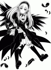 Rating: Safe Score: 0 Tags: 1girl black_feathers dress feathered_wings feathers flower frills gothic_lolita greyscale hairband image long_hair long_sleeves looking_at_viewer monochrome solo suigintou wings User: admin