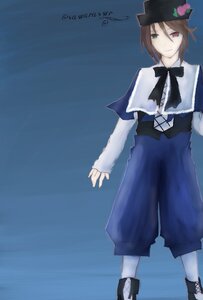 Rating: Safe Score: 0 Tags: blue_background brown_hair capelet flower green_eyes hat heterochromia image long_sleeves looking_at_viewer pants red_eyes shoes solo souseiseki standing User: admin