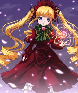Rating: Safe Score: 0 Tags: 1girl blonde_hair blue_eyes bonnet bow bowtie capelet dress drill_hair flower frills green_bow image long_hair long_sleeves night petals red_dress ringlets rose rose_petals shinku solo twin_drills twintails very_long_hair User: admin